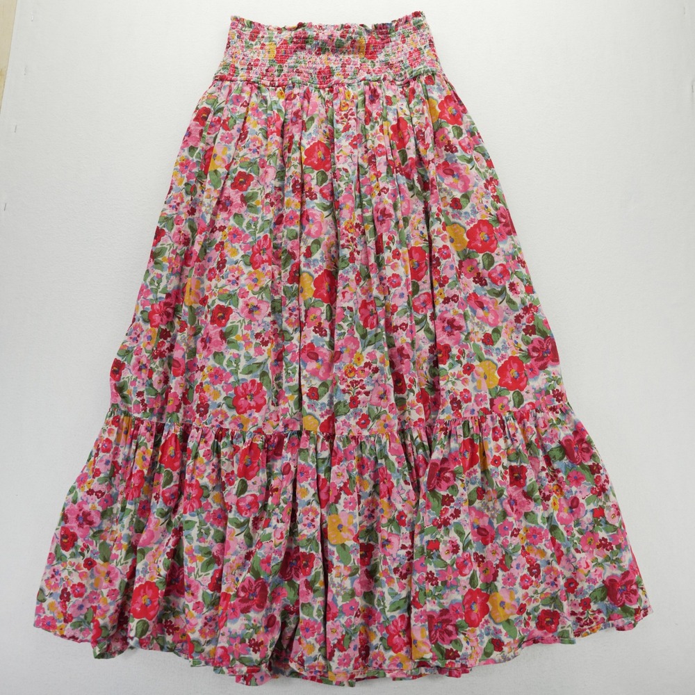 Natural Life Flora Convertible Floral Smocked Maxi Skirt Pink Red Cotton Boho M